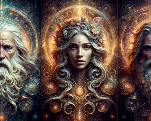 Triptych of Mythical Figures with Cosmic Patterns