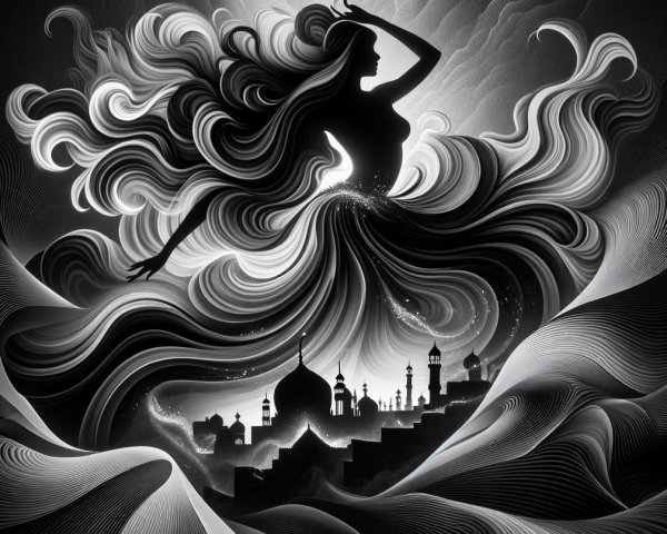 Black-and-white silhouette of a dancing woman with cityscape