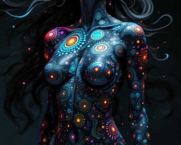 Cosmic Body Art on Figure Against Dark Background