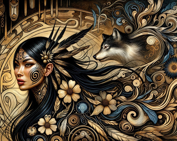 Mystical Woman with Intricate Patterns and Wolf
