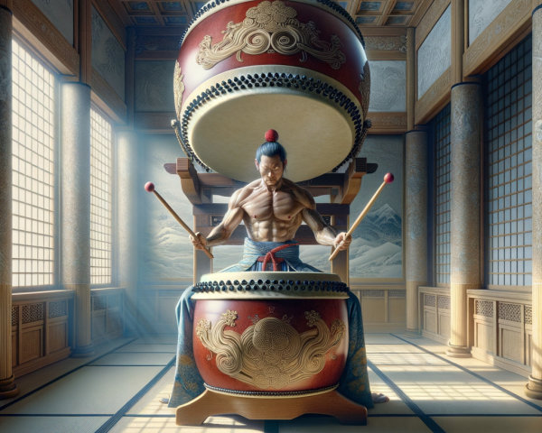 Muscular Figure Playing Drums in Traditional Asian Room