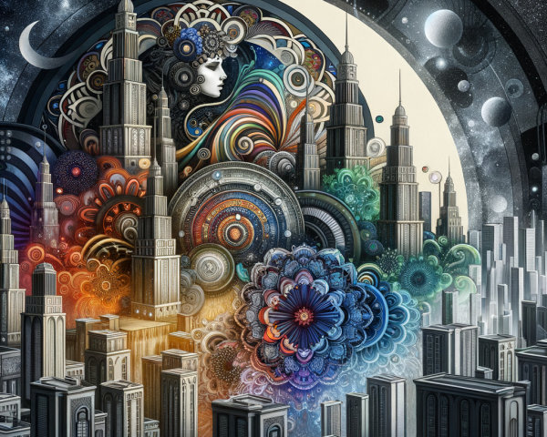 Surreal Cityscape with Vibrant Colors and Patterns