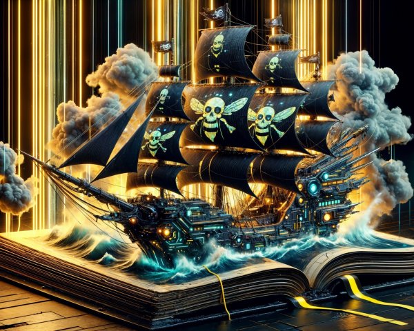 Surreal Ship from Book with Vibrant Designs and Sails