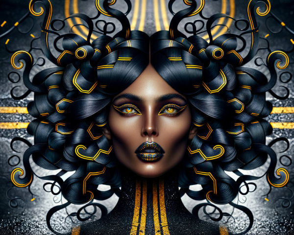 Portrait of a Woman with Curly Black Hair and Bold Makeup