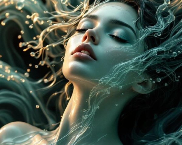 Serene female figure in cascading translucent water