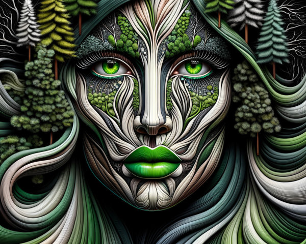 Stylized face with nature patterns and lush greens