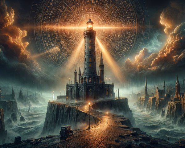 Majestic lighthouse on rugged cliff with dramatic clouds