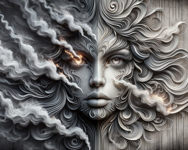 Surreal Female Face with Cloud-Like Hair Design
