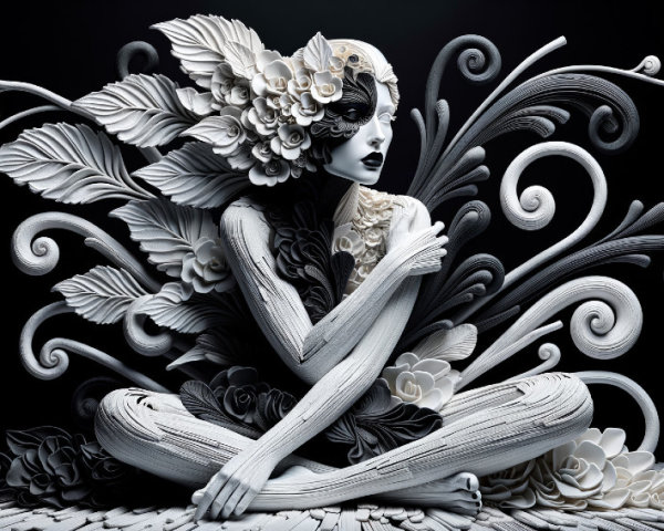 Intricate Figure with Floral Designs in Black and White