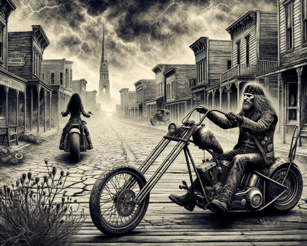 Desolate Ghost Town Street with Stormy Sky and Motorcyclists