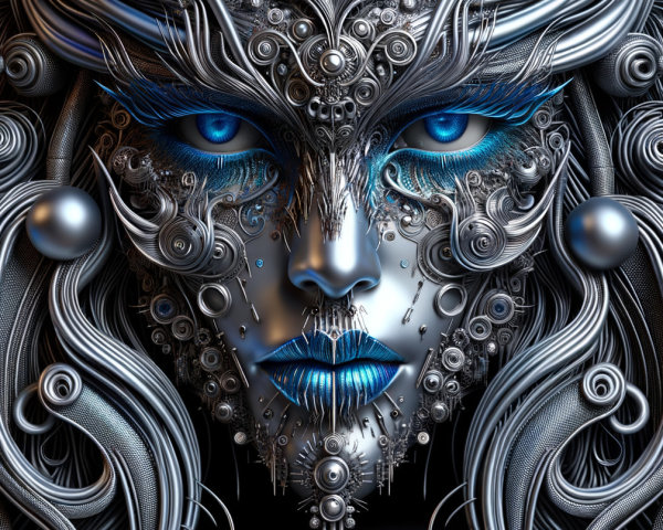 Futuristic Face with Metallic Features and Blue Eyes