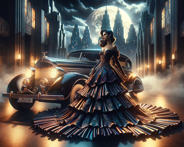 Glamorous Woman by Vintage Car in Urban Setting