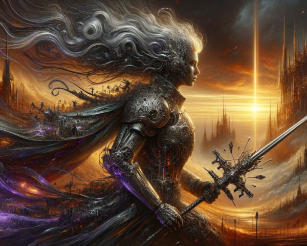 Majestic figure in a fantastical landscape with armor