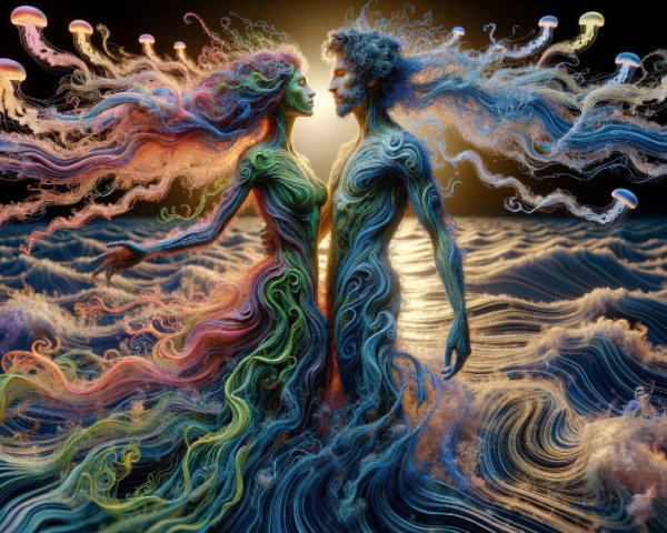Surreal Scene of Ethereal Figures and Ocean Waves