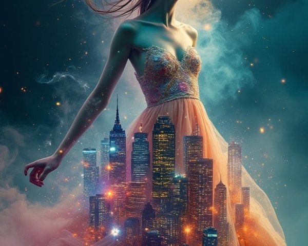 Ethereal figure in pastel dress with vibrant cityscape