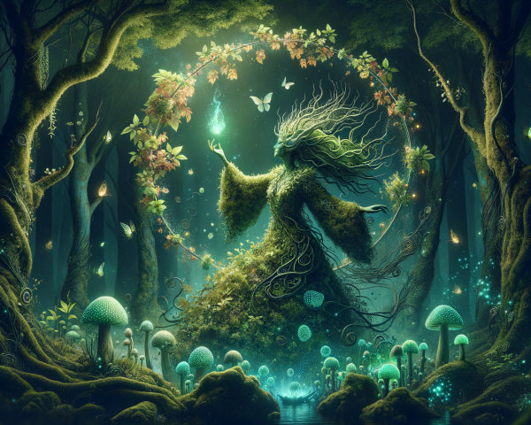 Mystical Forest Spirit Surrounded by Nature's Beauty