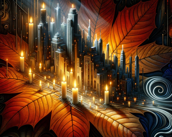 Surreal cityscape with glowing candles and autumn leaves