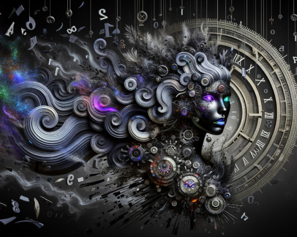 Surreal Abstract Female Face with Metallic Hair and Gears