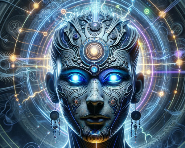 Futuristic Humanoid with Metallic Features and Energy Backdrop