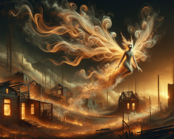 Haunting Landscape with Charred Houses and Ethereal Figure