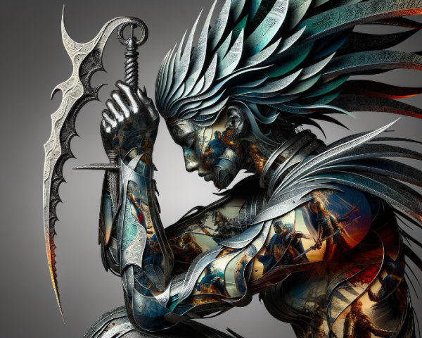Armored Figure with Metallic Wings and Curved Sword