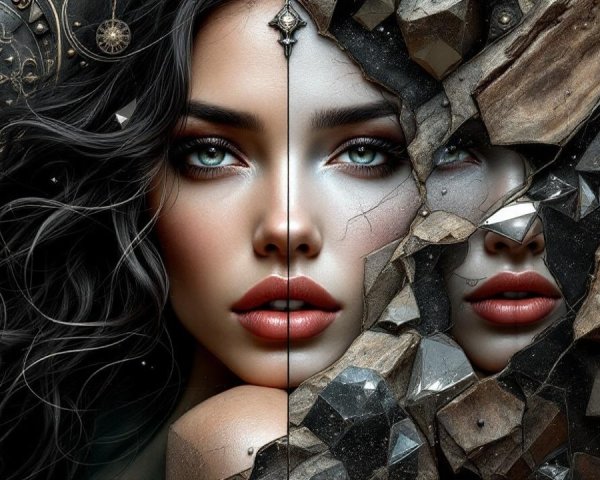 Split Face Artwork with Dark Hair and Reflective Surface