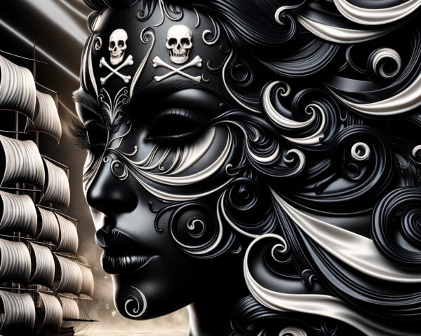 Stylized figure with black hair and sailing ship backdrop