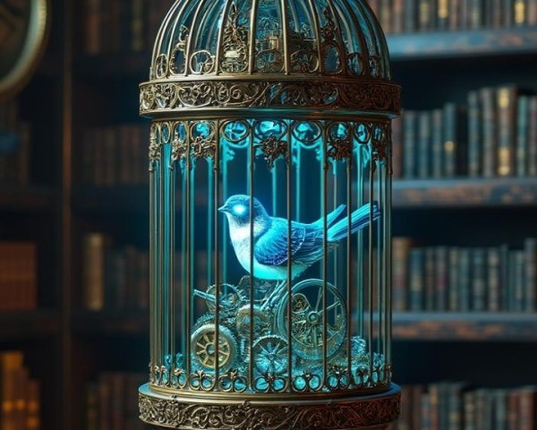 Ornate Birdcage with Luminous Blue Bird in Library