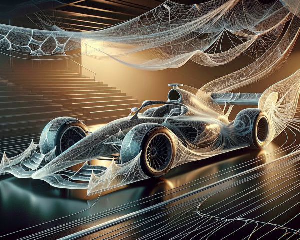 Futuristic Racing Car with Translucent Web Strands