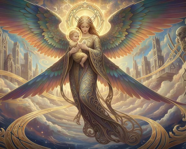 Hyperrealistic Art Nouveau Angel with Baby Painting