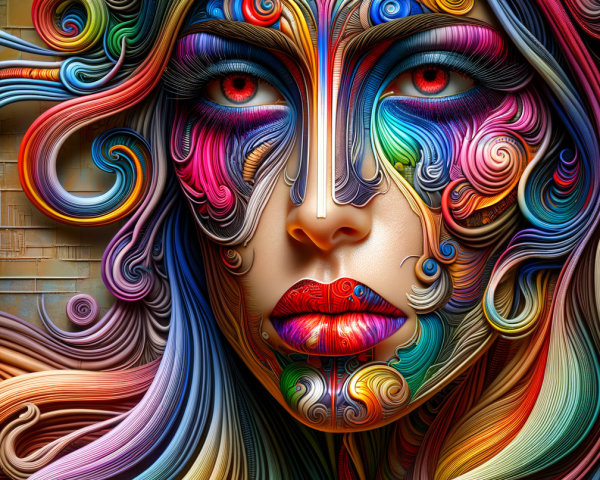 Vibrant Stylized Face with Colorful Patterns and Swirls