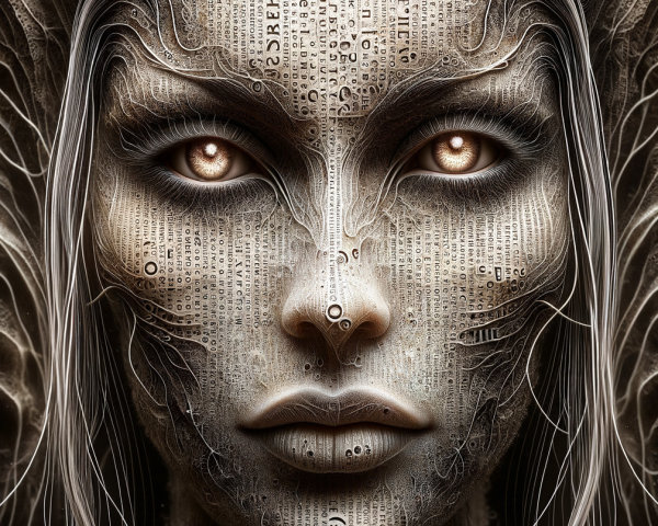 Humanoid Figure with Digital Code Patterns and Glowing Eyes