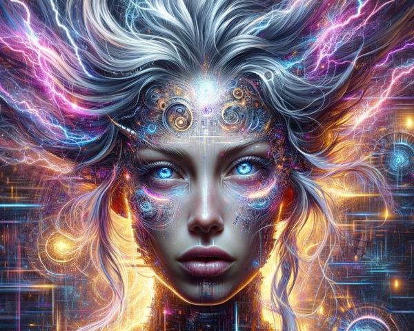 Surreal Humanoid Face with Glowing Patterns and Colors