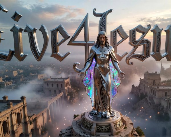 Ornate Jesus Statue Overlooking Ancient City Scene