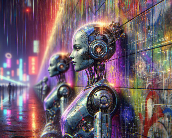 Futuristic Robots Against Neon Graffiti Wall