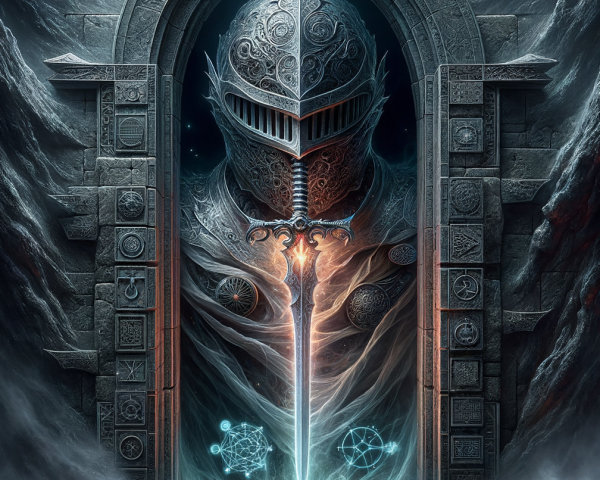 Ornate stone archway with mystical knight and portal