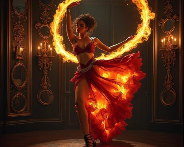 Dancer in Red Dress Creates Mesmerizing Fire Ring