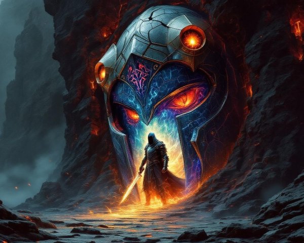Mysterious Figure and Glowing Helmet in Rocky Landscape