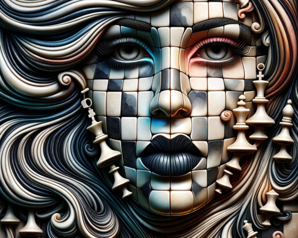 Stylized Chessboard Face with Dynamic Hair Design