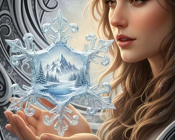 Woman in White Fur Coat with Snowflake and Mountains