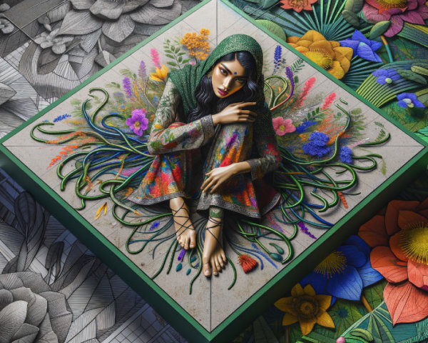 Serene Figure in a Colorful Three-Dimensional Garden