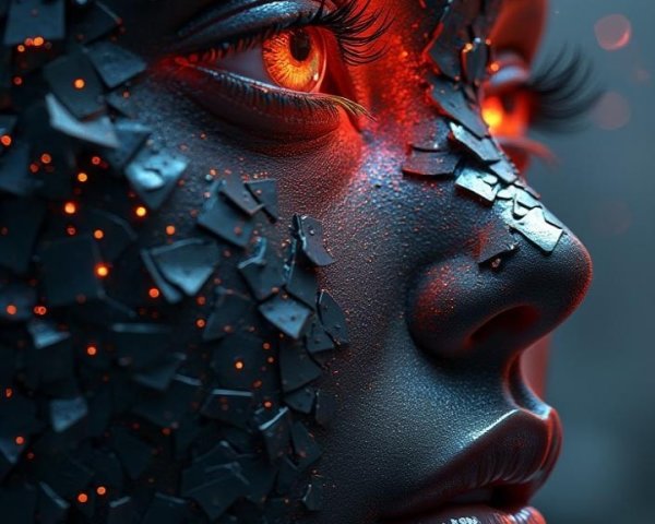 Futuristic Female Face with Dark Shards and Glowing Eyes