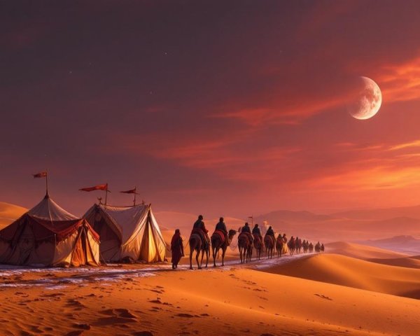 Desert Landscape at Sunset with Caravan and Tents