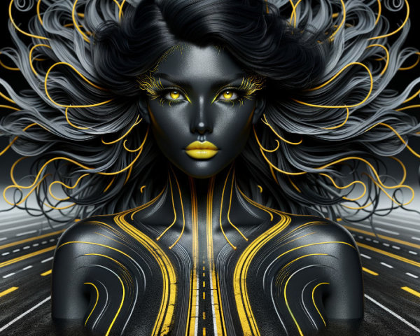 Striking figure with metallic complexion and vibrant hair
