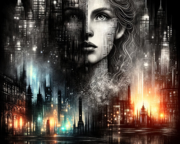 Surreal Urban Aesthetics with Woman's Face and Cityscape