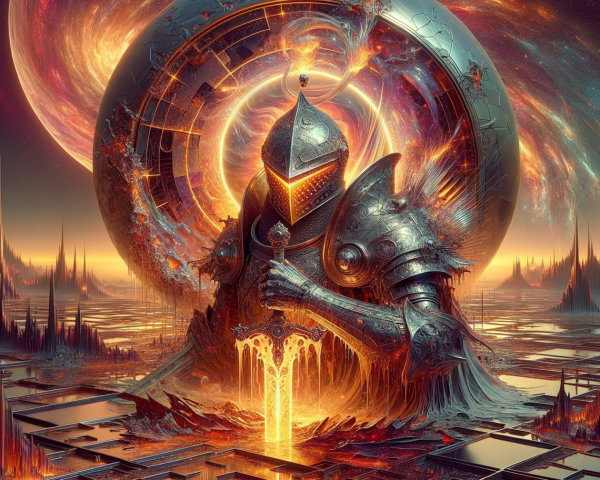 Armored Knight in Surreal Otherworldly Landscape