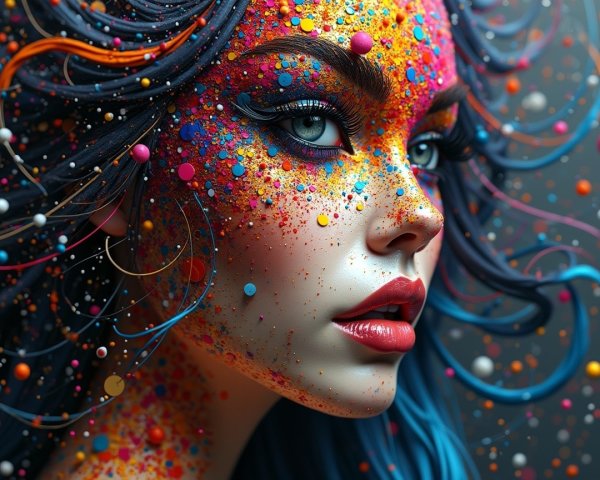 Close-up of a woman's face with colorful paint patterns