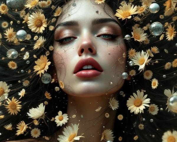 Portrait of a woman with golden flowers and pearls