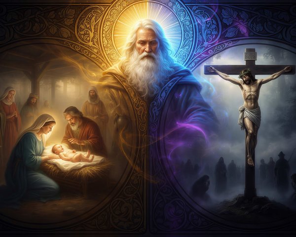 Digital Painting of Nativity and Crucifixion Scenes
