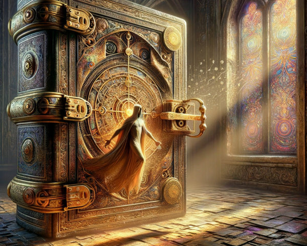 Giant Ornate Book with Ethereal Figure in Mystical Setting